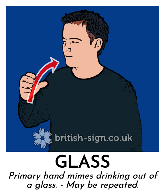 Glass: Primary hand mimes drinking out of a glass. - May be repeated.